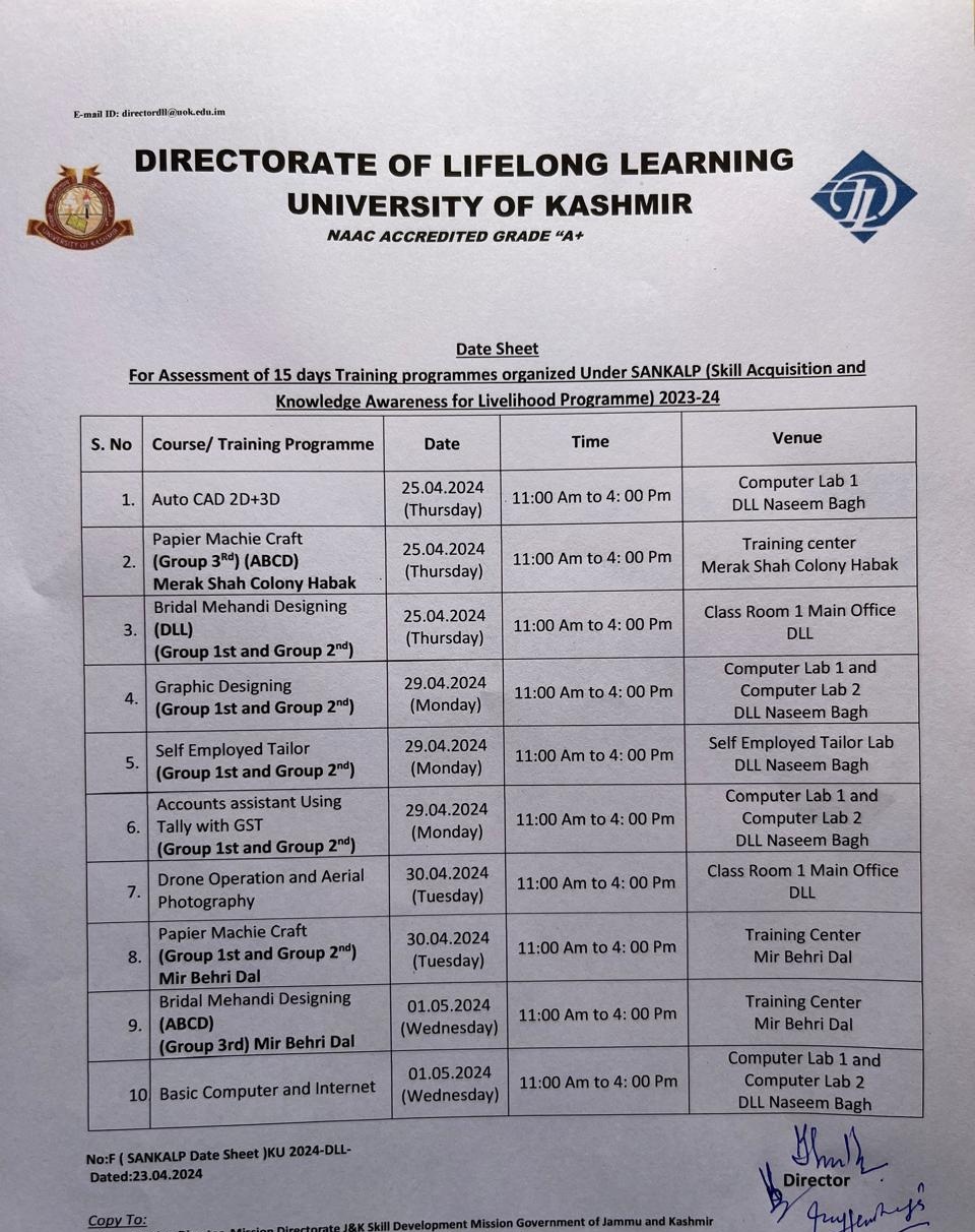 Date sheet for 15 days training programmes organized under SANKALP (Skill Acquisition and Knowledge Awareness for Livelihood Promotion) 2023-24